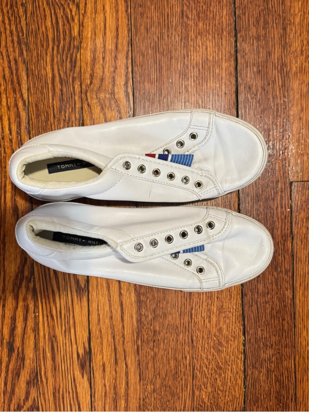 Tommy Hilfiger White Slip-On Sneakers with Red & Blue Flag Detail - Picture 2 of 8